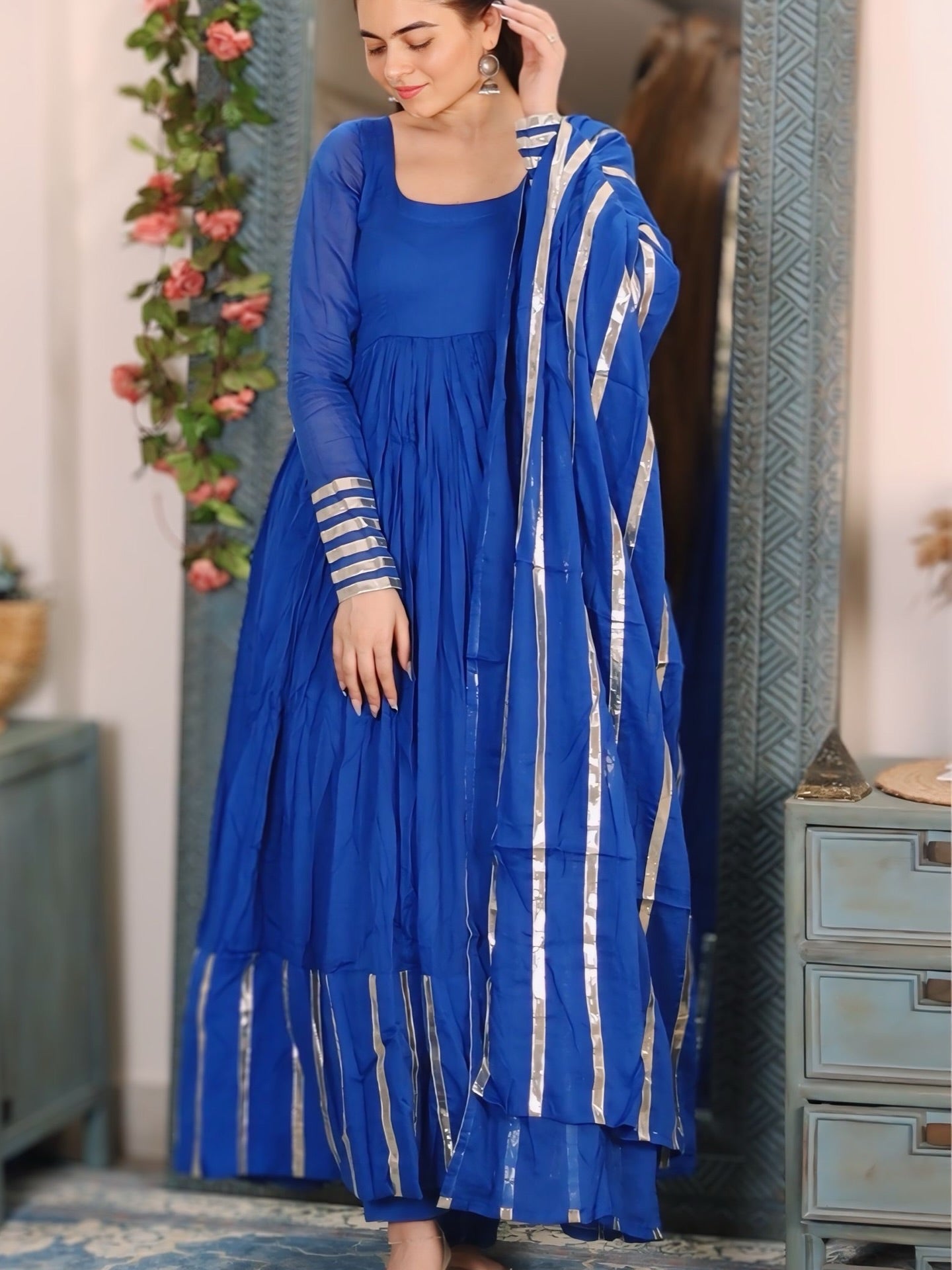 "Nritya" - Mal Cotton Full Flare Anarkali Suit Set with Gota Dupatta