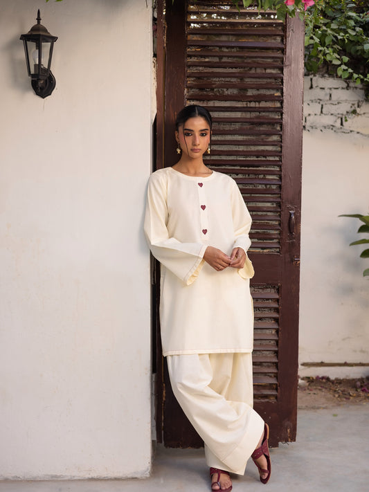 "Safed" - Premium Ivory Cotton Co-ord Set with Heart-Embroidered Placket