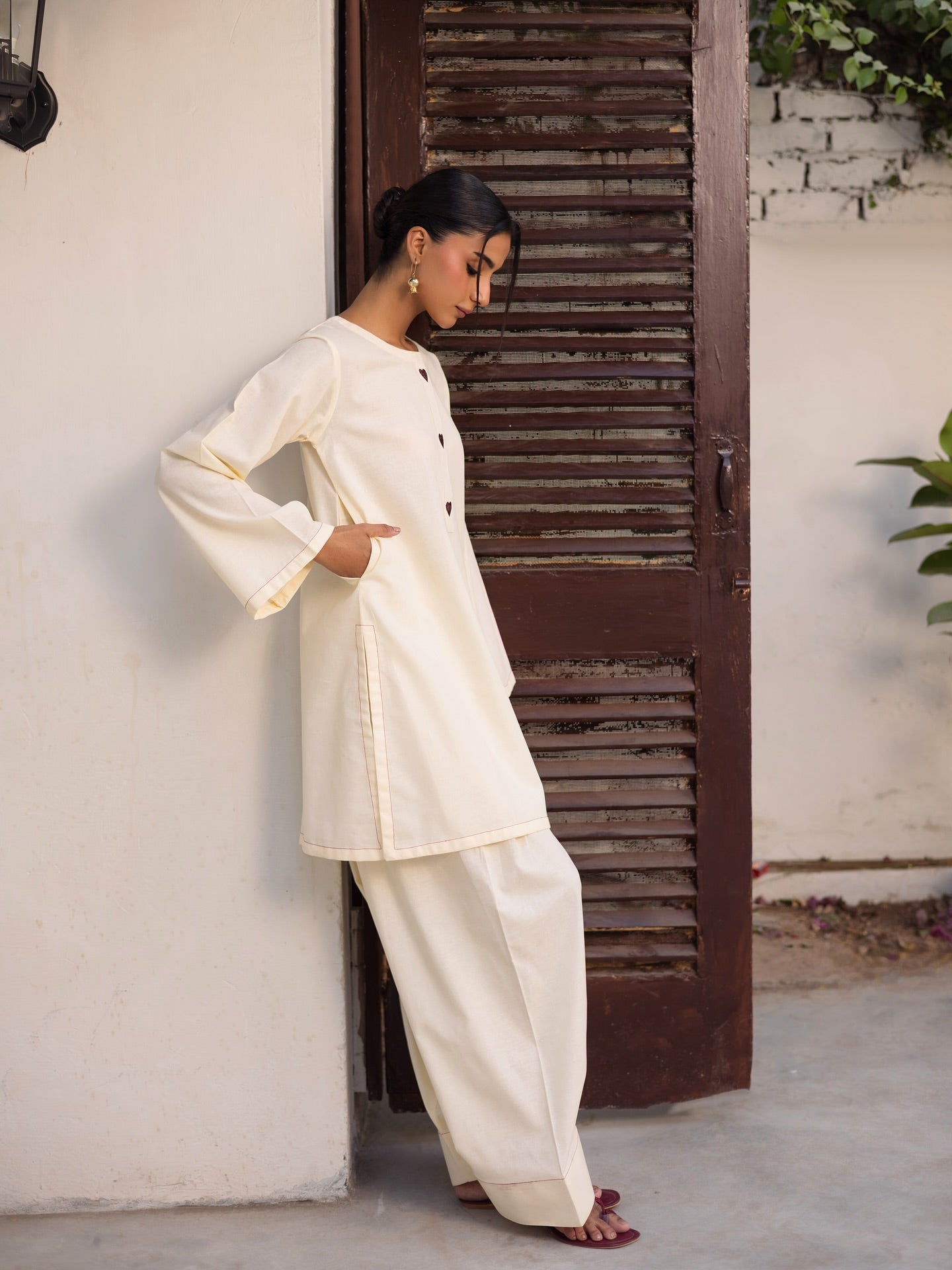 "Safed" - Premium Ivory Cotton Co-ord Set with Heart-Embroidered Placket