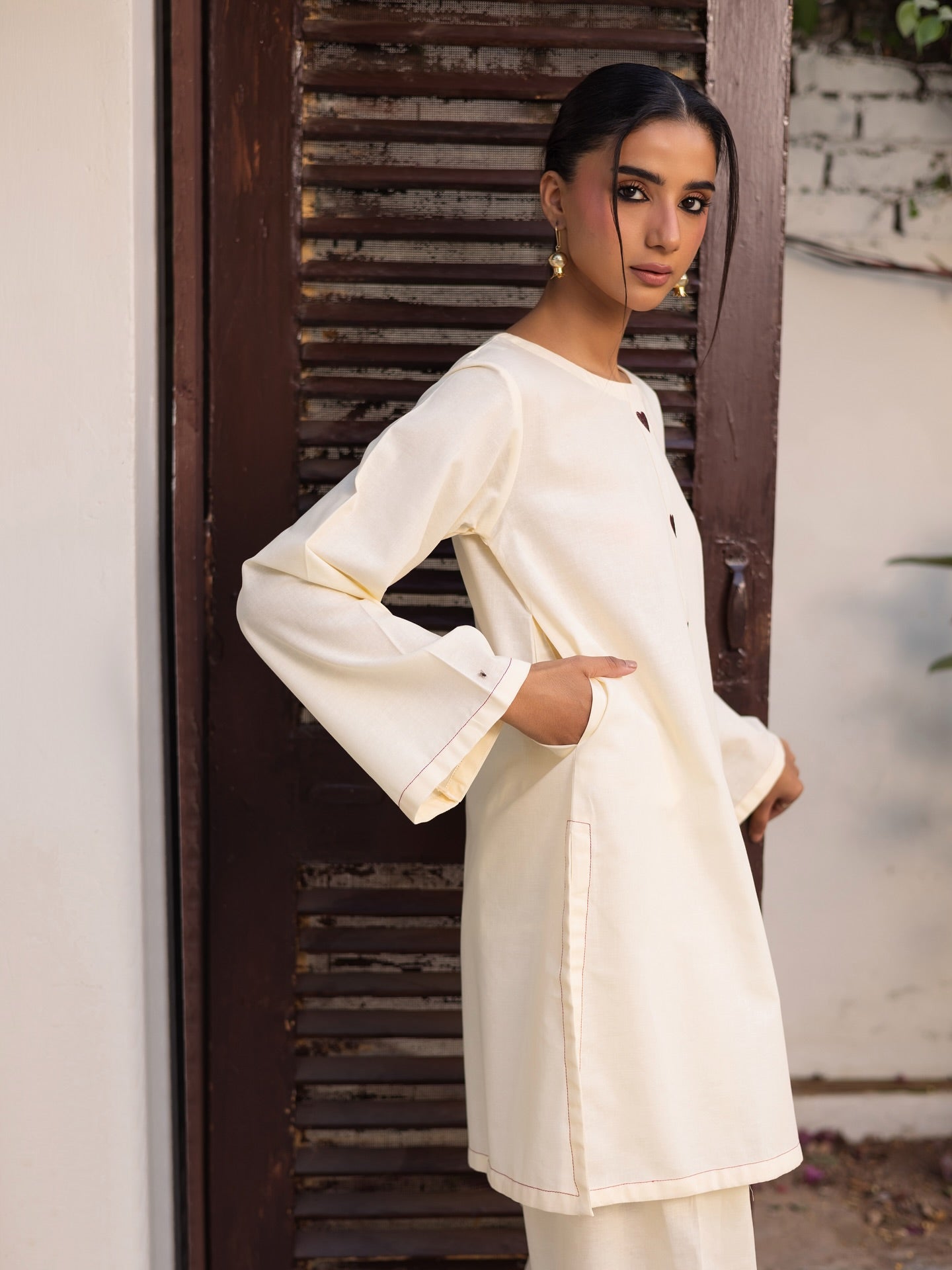 "Safed" - Premium Ivory Cotton Co-ord Set with Heart-Embroidered Placket