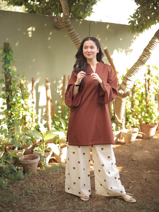 "Hridaya" - Rust Earth Rayon Tunic & Heart-Motif Palazzo Set
