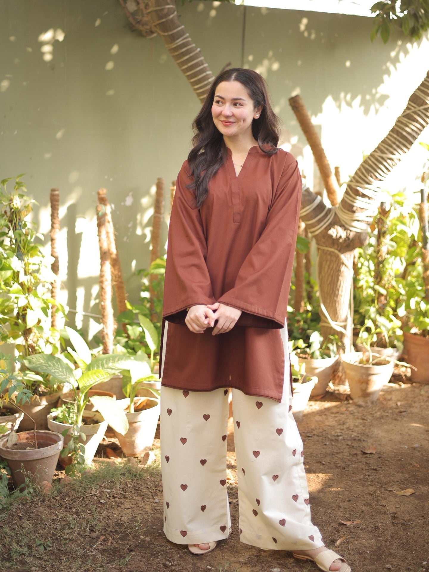 "Hridaya" - Rust Earth Rayon Tunic & Heart-Motif Palazzo Set
