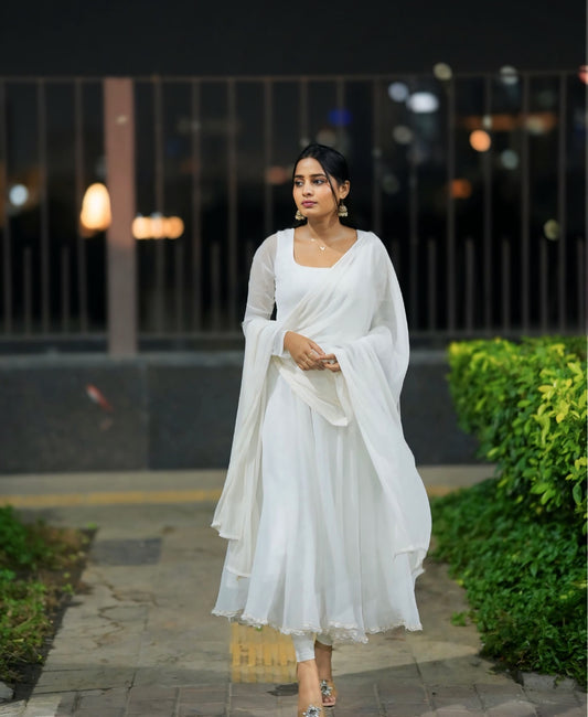 "Meher" - Pristine White Georgette Anarkali Suit Set