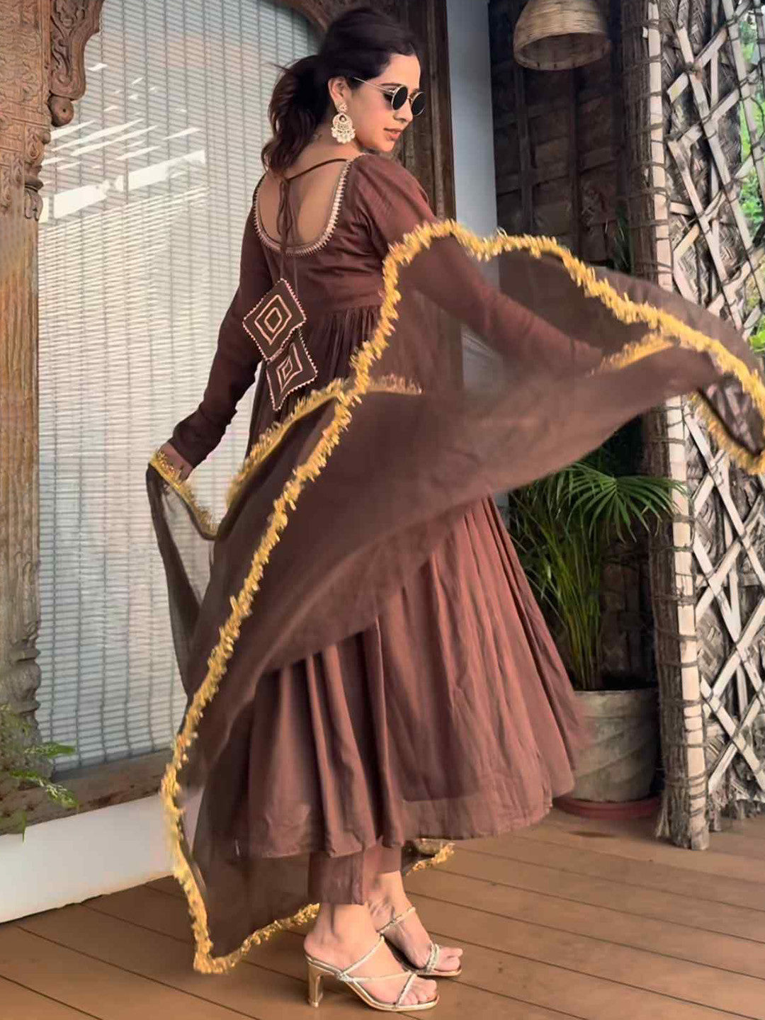 Aaradhya Coffee Brown Cotton Lined Kurta & Palazzo Set with Kota Doria Dupatta